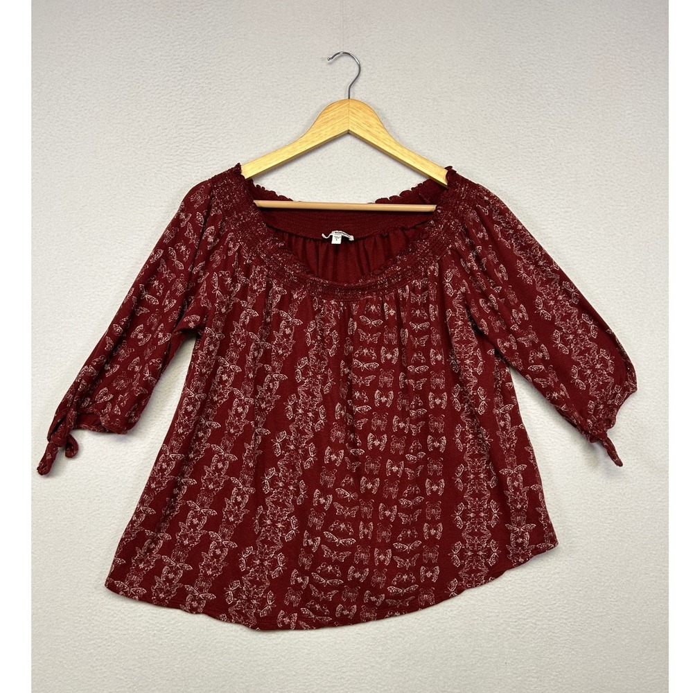 Boho Sonoma Women Large Burgundy Red Butterfly Smocked Peasant Blouse
